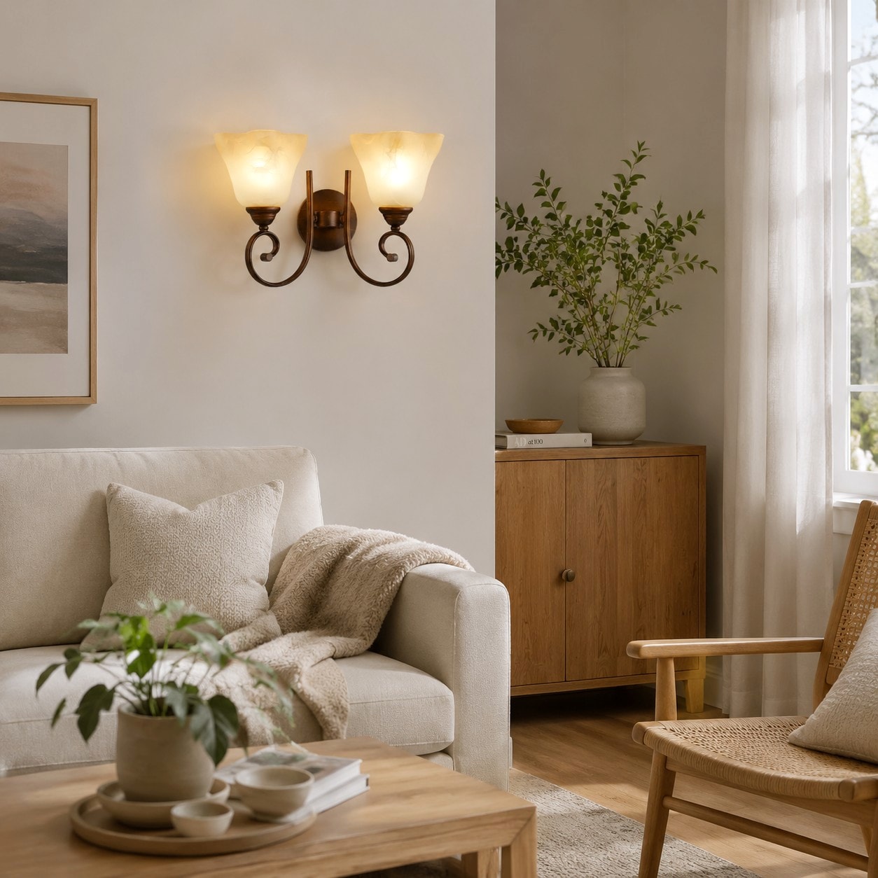 Vintage frosted glass wall sconce installed in a warm living room